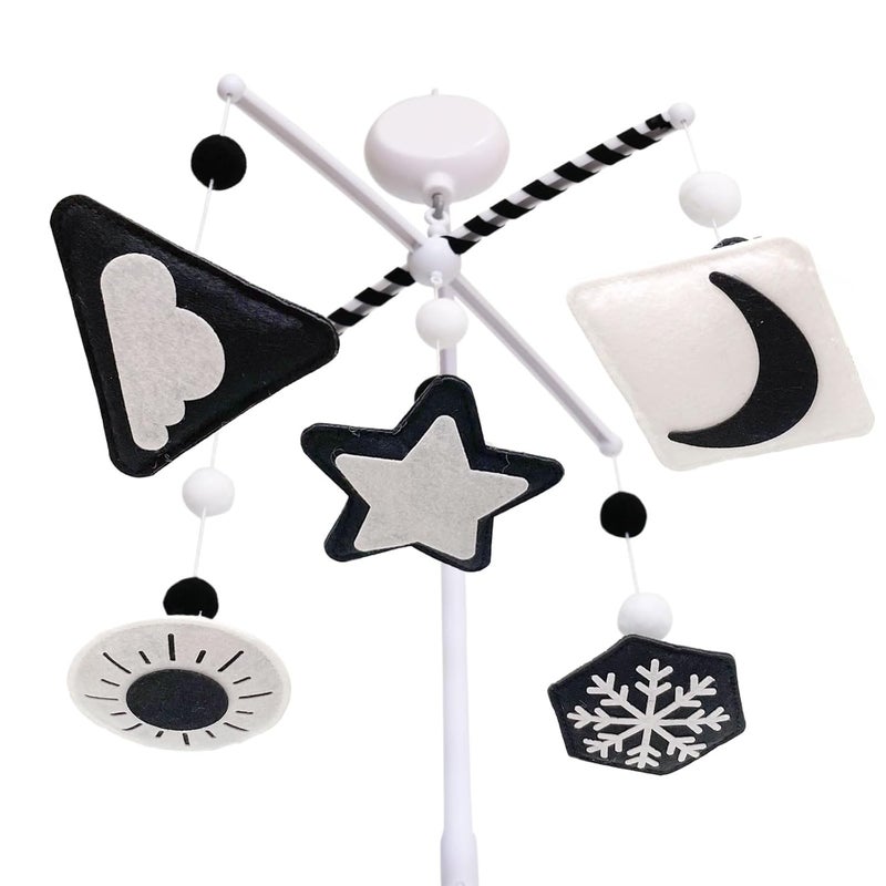Vlokup Montessori Mobile, Black and White Baby Crib Mobile, Neutral Nursery Mobile Decoration for Pack N Play, for Baby Boy & Girl, Sun, Moon, Star, Snow, Cloud with Arm & Music Box - Image 1